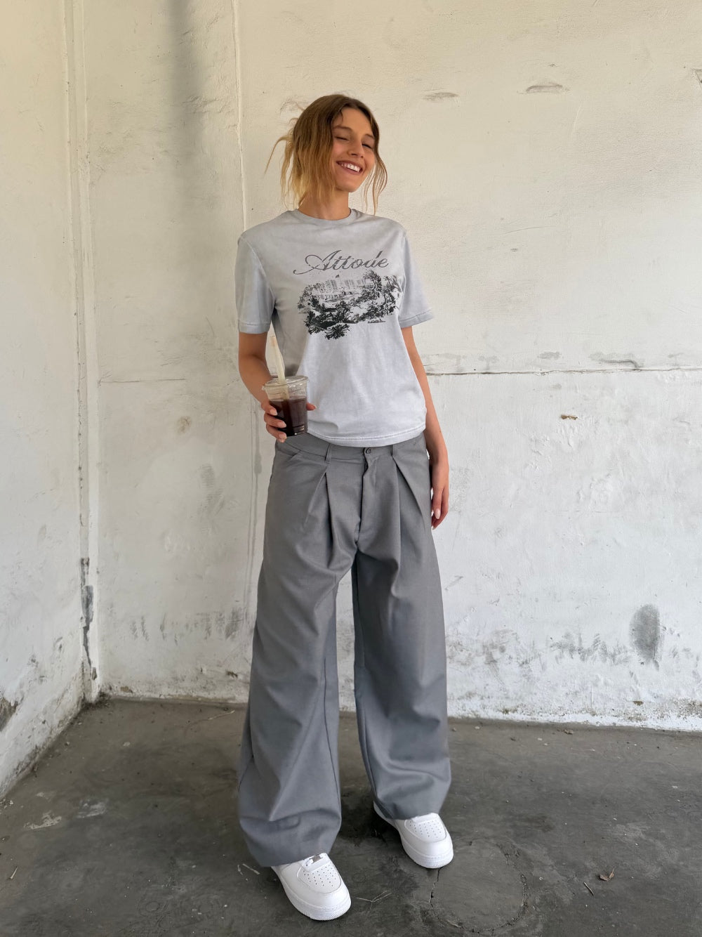 Korean Pleated Suit Pants Grey - ATTODE