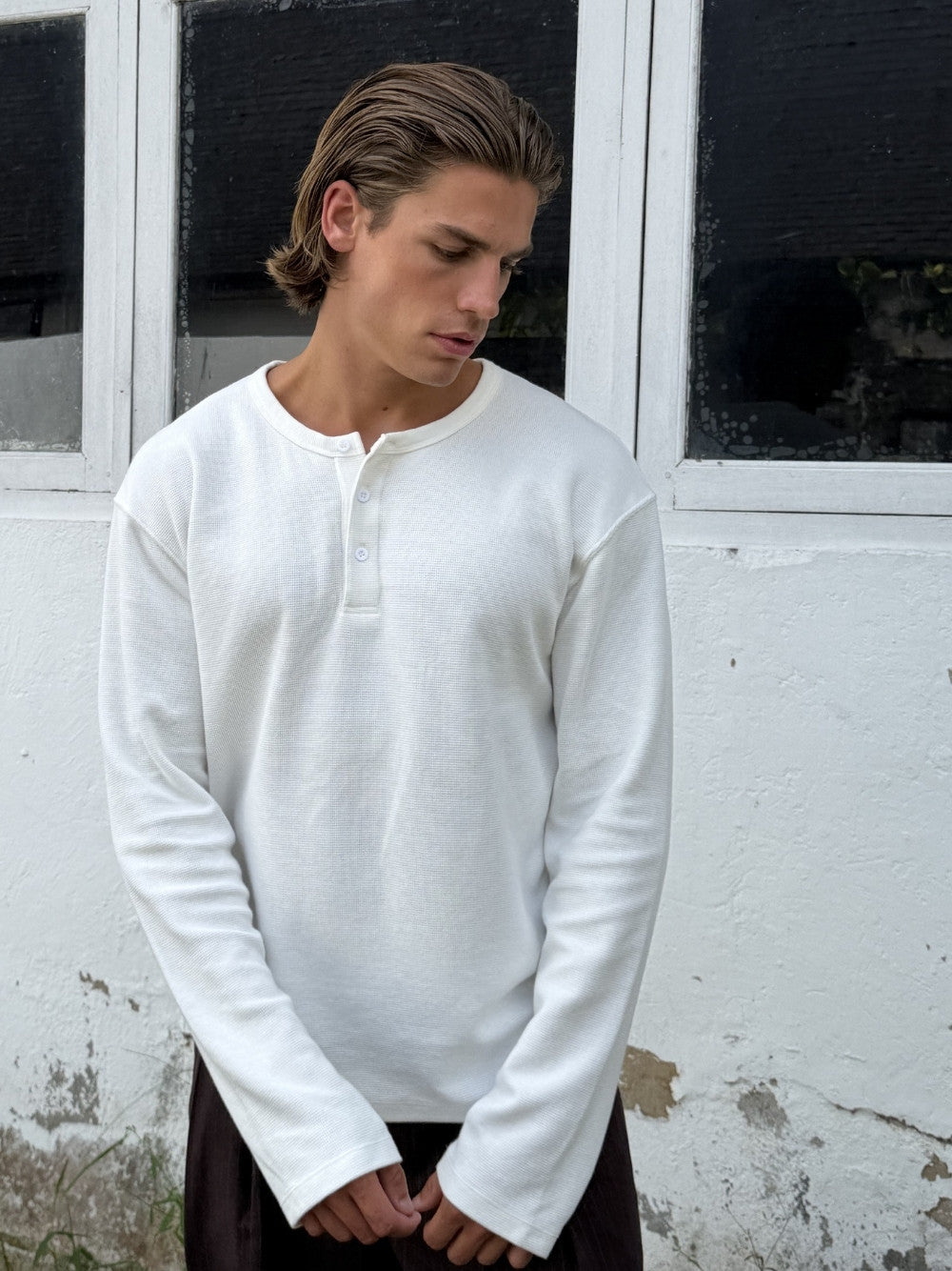 Waffle Henley L/S White