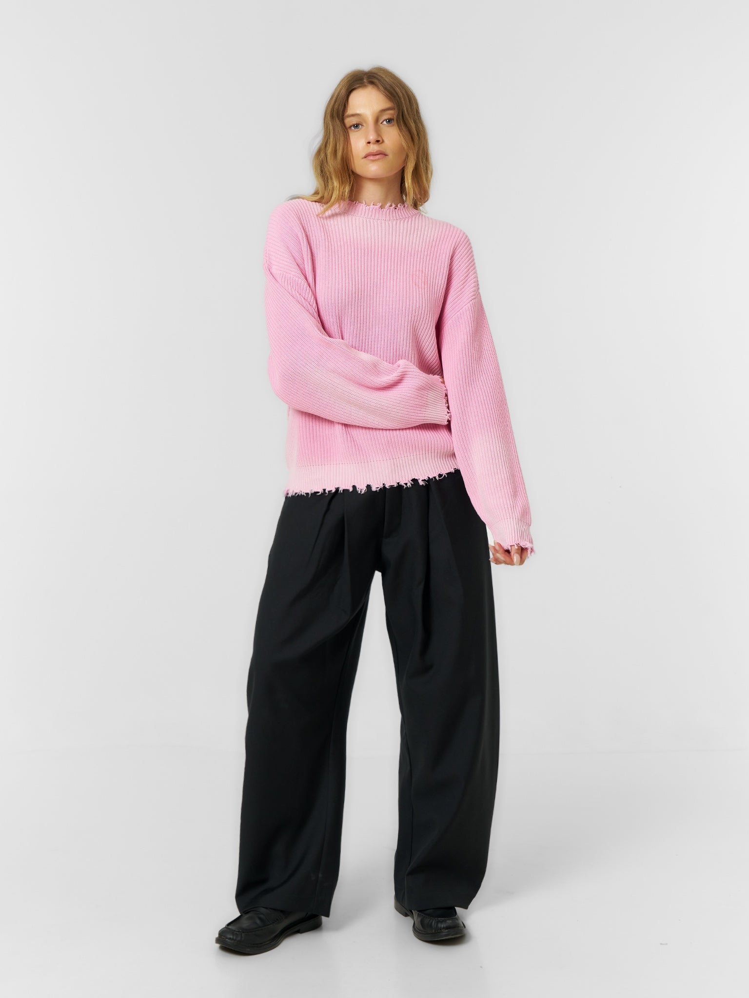 Distressed Knit Jumper Washed Pink