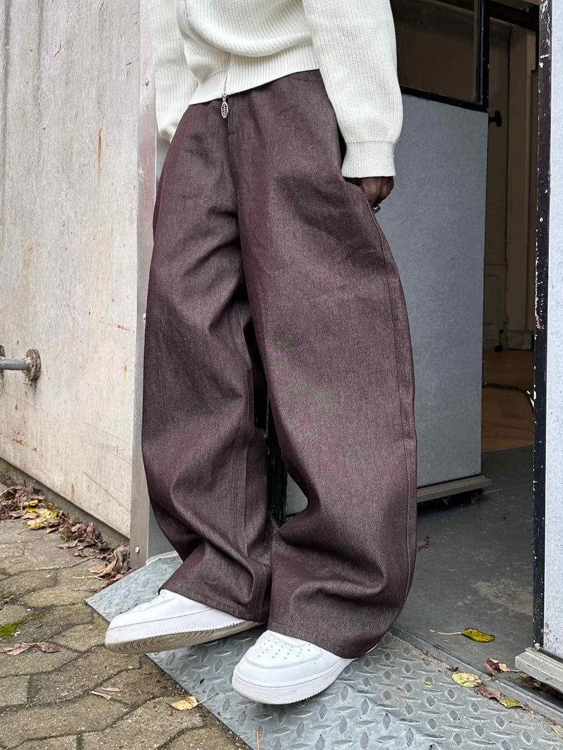 Wide Leg Raw Denim Jeans Mahogany Brown - ATTODE